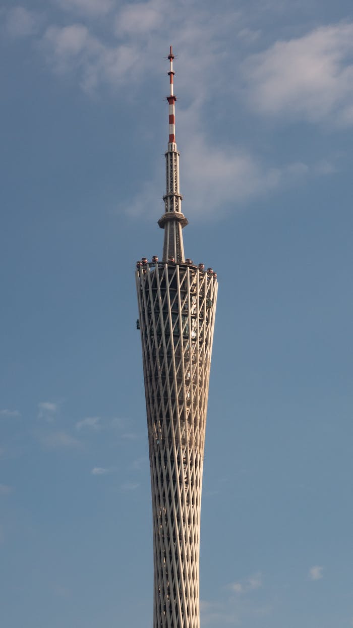 The top of a tall building is shown